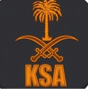 Saudi Arabia national emblem with a palm tree and crossed swords in orange on a dark background.