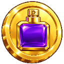 A shiny gold coin with a purple perfume bottle icon in the center.