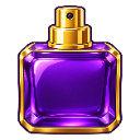 A square purple glass bottle with gold trim and a gold spray nozzle.