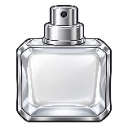 A square glass perfume bottle with a silver nozzle.