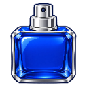 A square blue glass cologne bottle with a silver spray nozzle.