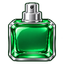 A square glass bottle filled with bright green liquid and topped with a silver spray nozzle.