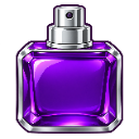 A purple glass perfume bottle with a silver cap and nozzle.