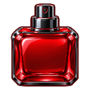 A glossy red glass perfume bottle with a silver cap against a black background.