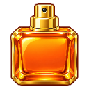 A square-shaped perfume bottle with a golden atomizer and glowing orange liquid inside.