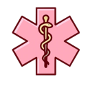 Star of Life symbol in pink with a brown serpent coiled around a staff in the center.