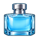 Cologne bottle with a silver cap and bright blue liquid inside.
