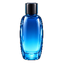 A glowing blue glass bottle with a black cap standing upright.
