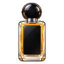 A rectangular glass perfume bottle filled with golden liquid and topped with a black spherical cap.