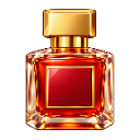 A square glass perfume bottle with a gold cap and vibrant red liquid inside.