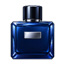 A square blue glass cologne bottle with a silver cap and label against a black background.