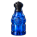 A dark blue glass bottle with a black cap and a circular emblem on the front.