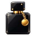 A black glass perfume bottle with a gold cap and a small gold charm hanging from the neck.
