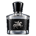 A glass perfume bottle with a black textured label and a silver horse rider emblem.