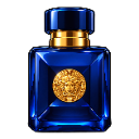 A square blue cologne bottle with a gold circular emblem on the front.