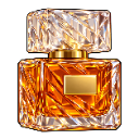 A square glass perfume bottle with a crystal-like cap filled with amber liquid against a black background.