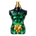 A green, muscular male torso shaped bottle with a gold leaf detail at the waist.