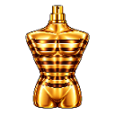 A metallic gold male torso with defined abdominal muscles and a spray nozzle at the neck.
