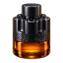 A dark, cylindrical perfume bottle with a metallic cap and glowing amber liquid inside.