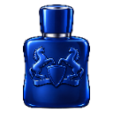 A deep blue perfume bottle with a silver cap and an embossed crest of two horses.