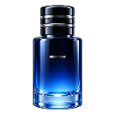 A glowing blue glass bottle with a dark cap stands against a black background.
