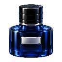 A dark blue glass bottle with a black cap and silver label.