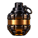 A metallic black and gold hand grenade sits against a solid black background.