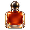Perfume bottle with a gold cap and glowing amber liquid inside against a black background.