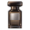 A dark, rectangular perfume bottle with a metallic label and a heavy cap.