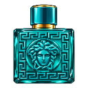 A glowing blue square perfume bottle with a gold cap and a classical head emblem on the front.