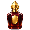 A dark red glass perfume bottle with a golden crown-shaped cap against a dark background.