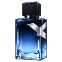 A rectangular blue glass cologne bottle with a black cap and a silver metallic accent.