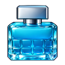 A square glass bottle filled with glowing blue liquid and a silver cap.