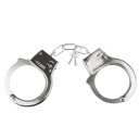 Handcuffs made of silver metal linked by a short chain.