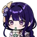 Anime girl with purple hair calmly sipping from a cup.