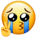 A yellow smiley face with large blue tears streaming down its cheeks, puckered lips, and a hand making a peace sign.