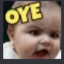 A baby with a skeptical, annoyed expression has the word Oye written in bold yellow letters above its head.