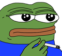 A green frog with a serious expression holding a lit cigarette to its mouth.