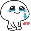 A white cartoon character with a wide smile and large blue tears streaming down its face next to a small pink heart.