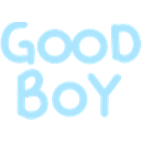 Good Boy text in a glowing light blue rounded font on a black background.