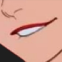A close-up of a mouth with red lips and white teeth forming a subtle, mischievous smirk.