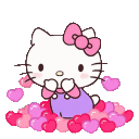 A white cat character stands in a pile of pink hearts while more hearts fall around it.