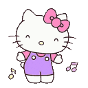 Hello Kitty wearing purple overalls and a pink bow dancing happily with musical notes floating around.