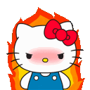 A white cartoon cat with a red bow and angry expression surrounded by bright orange and red flames.