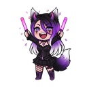 Anime girl with purple hair and fox ears cheering enthusiastically while holding glowing purple light sticks.