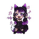 Anime girl with purple hair and headphones dancing happily surrounded by musical notes.