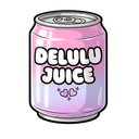A pink and purple gradient soda can with the text Delulu Juice and two small hearts printed on the front.