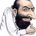 A bearded man with a large nose and a smug expression leaning forward with hands clasped.