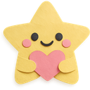 A cute yellow star character with a smiling face holding a pink heart.
