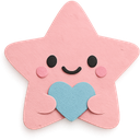 A cute pink star character with a smiling face holding a small blue heart.
